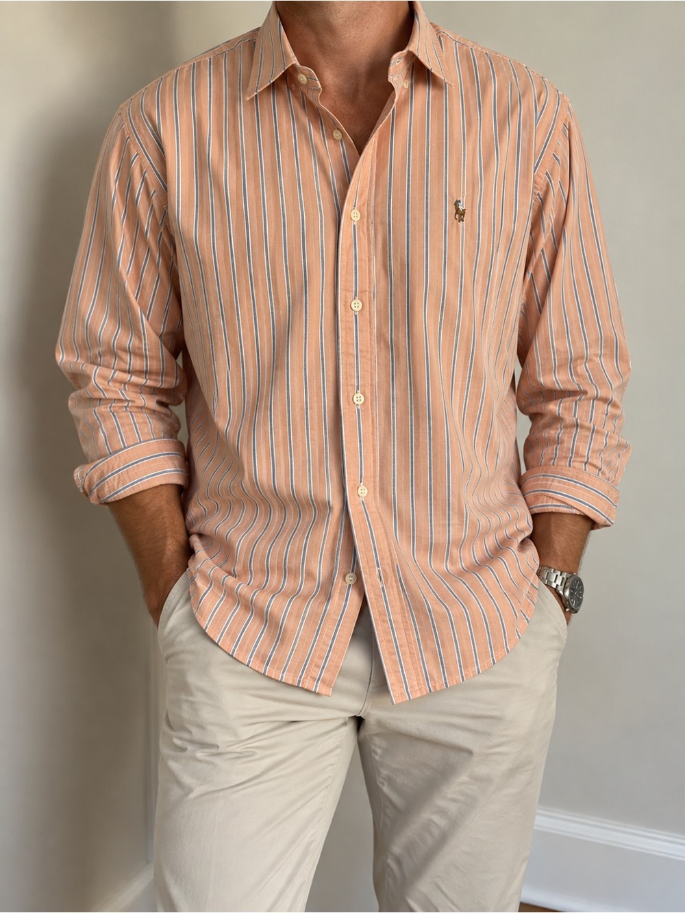 Ralph Lauren Men’s Classic Fit Striped Button Down Shirt 17.5 Peach Orange Blue